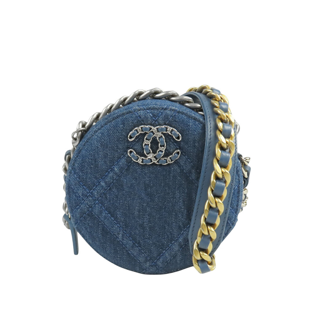 Pre-Loved Chanel Denim 19 Round Clutch with Chain